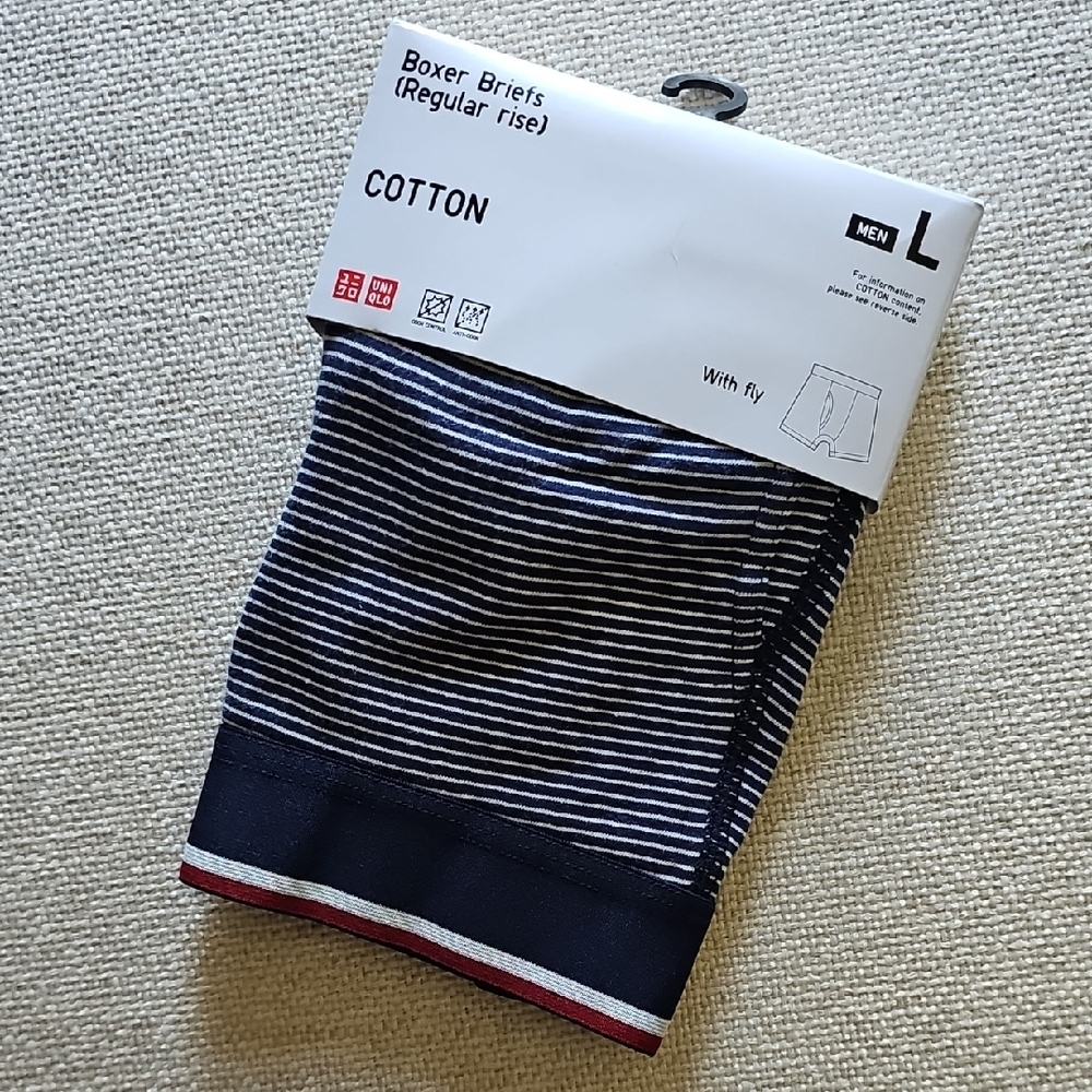 Uniqlo Navy & White Striped Men’s Cotton Boxer Briefs with Red Waistband Accent